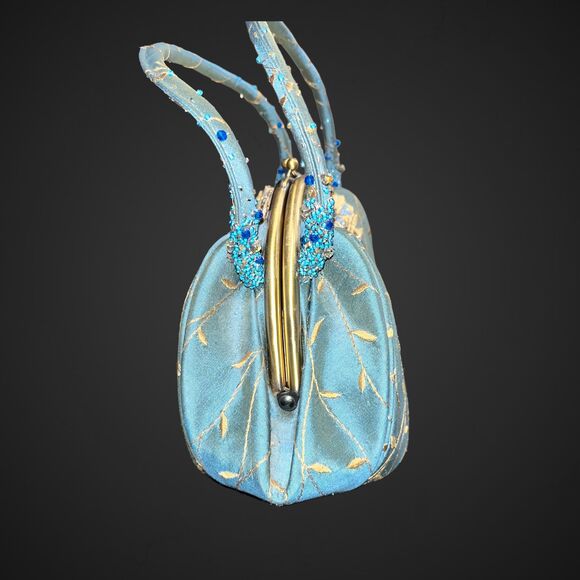 Pat Vini Gorgeous Blue with Gold Appliqué and Embroidery Evening Handbag - Picture 2 of 10